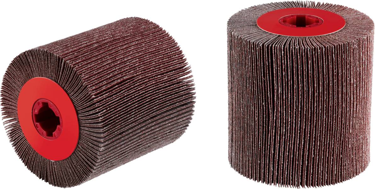 Two red-coated grinding attachments with abrasive material for rotary tools, suitable for surface processing.