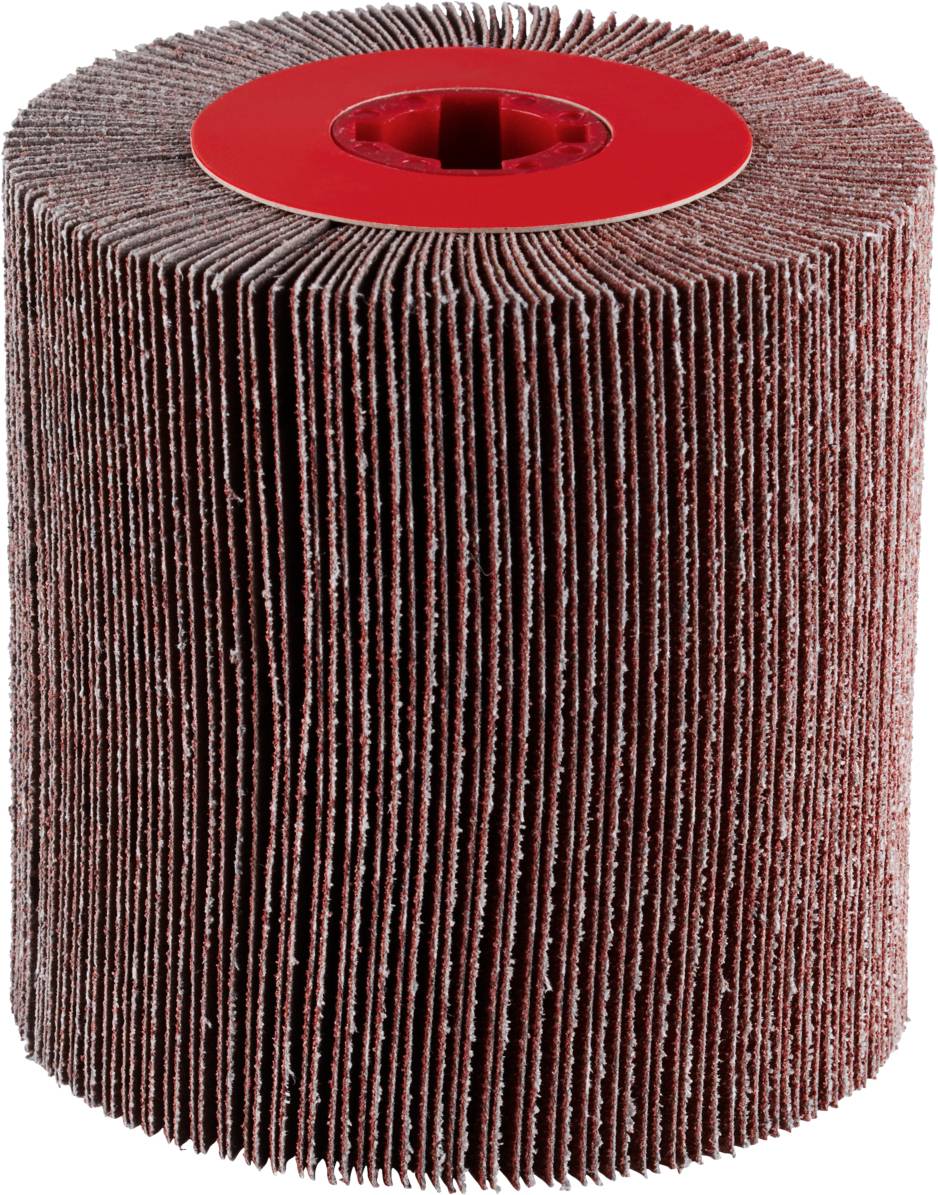 A red sanding roller with laminar sanding blades, used for smoothing surfaces.