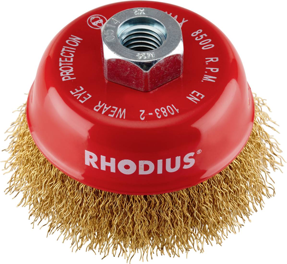 Round wire brush with red casing, marked with 'RHODIUS' and safety instructions. Used for removing rust or paint.