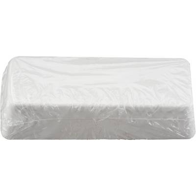 A rectangular stack of white paper tissues in a transparent plastic packaging, viewed from above.