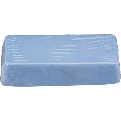 A rectangular blue soap block, wrapped in transparent plastic film.
