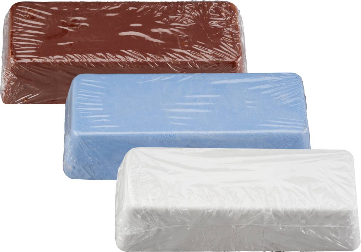Three blocks of brown, blue, and white modelling clay wrapped in plastic film, stacked in an angled arrangement.
