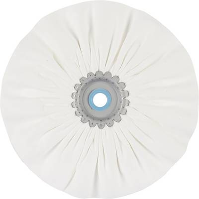 A white, round polishing attachment with blue accents in the centre, used for surface treatment.
