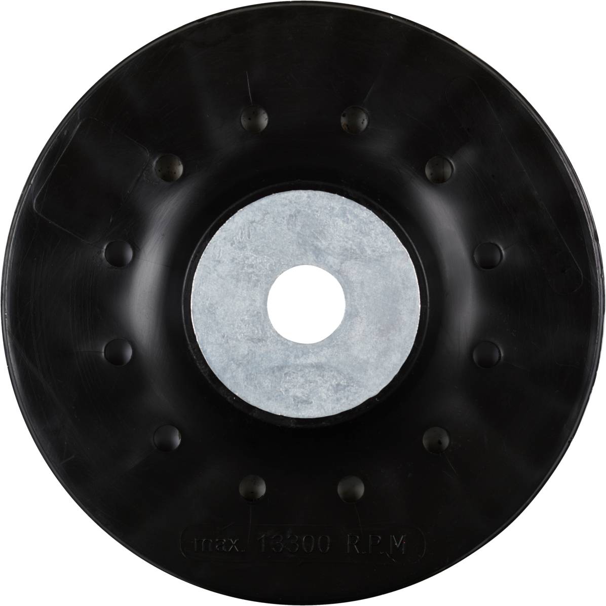 Black cutting disc with a central silver hole, suitable for a maximum of 13,300 revolutions per minute, against a white background.