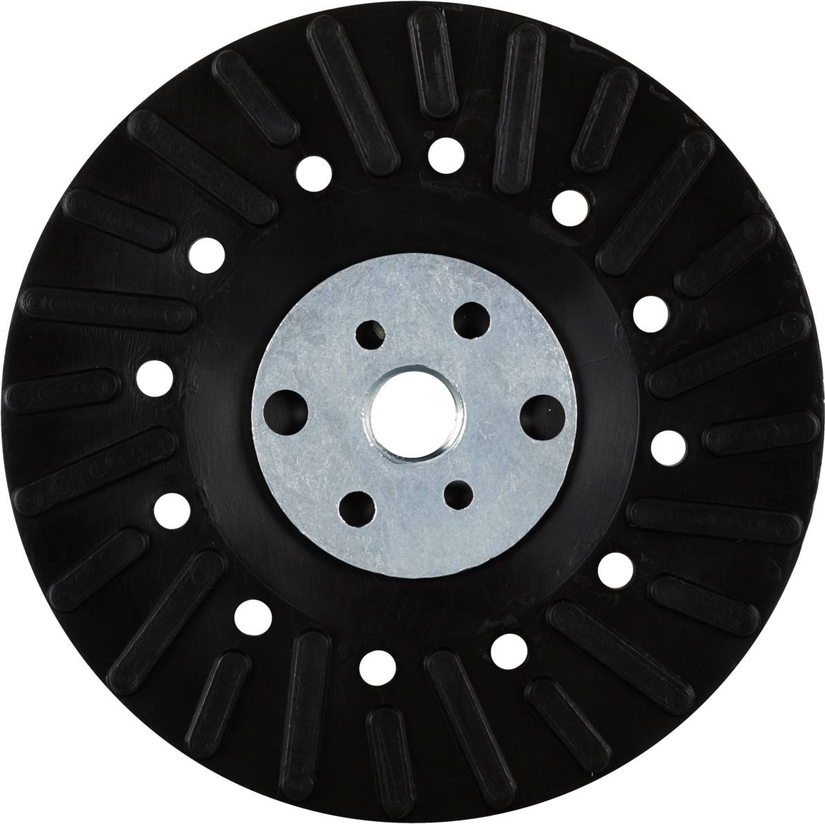 Black hard plastic grinding disc with multiple holes and a metal centre, commonly used with angle grinders.