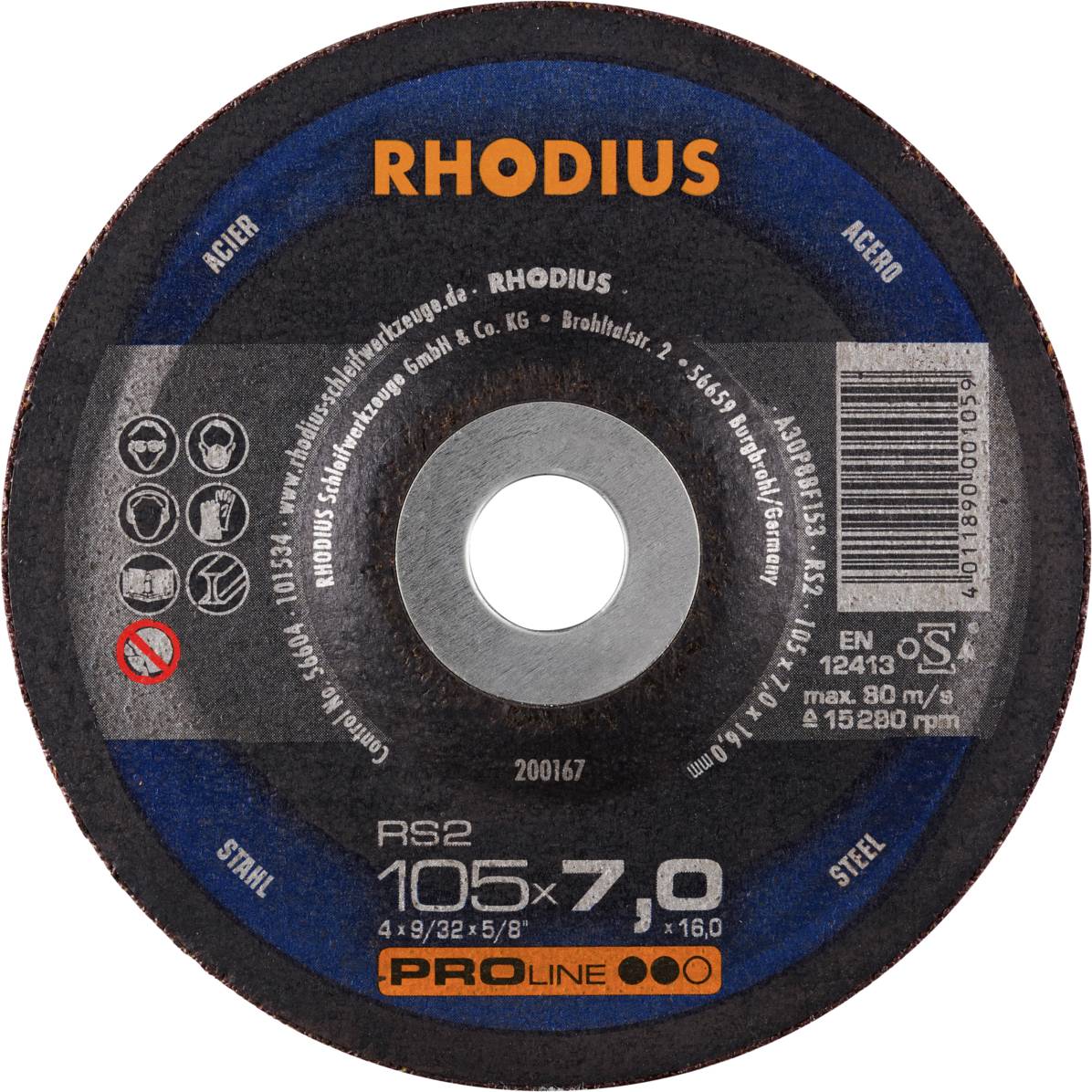 'Steel cutting disc, 105 x 7.0 mm, by RHODIUS, with EN 12413 standard, max. 80 m/s, max. 15,280 rpm.'