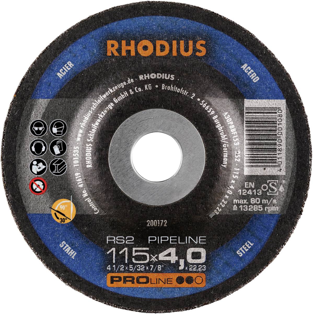 'Round grinding disc by Rhodius with inscriptions about dimensions and use for steel.'