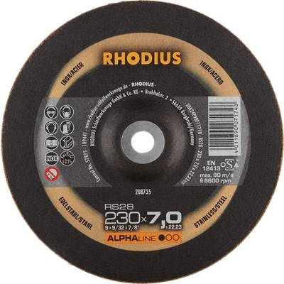 Grinding disc with inscription 'RHODIUS', Model RS28, diameter 230 mm, thickness 7.0 mm. Suitable for stainless steel, maximum speed 6,600 rpm.