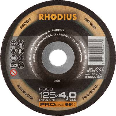 A Rhodius grinding disc, model RS38, diameter 125x4 mm, suitable for stainless steel, with product and safety information.