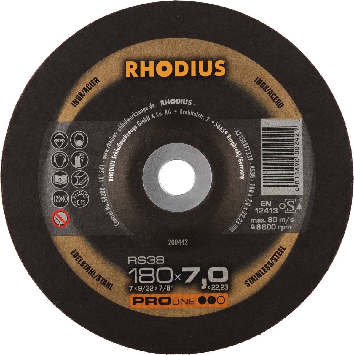 'Rhodius cutting disc, suitable for stainless steel. Diameter 180 mm, thickness 7 mm. Maximum 80 m/s at 8600 rpm.'