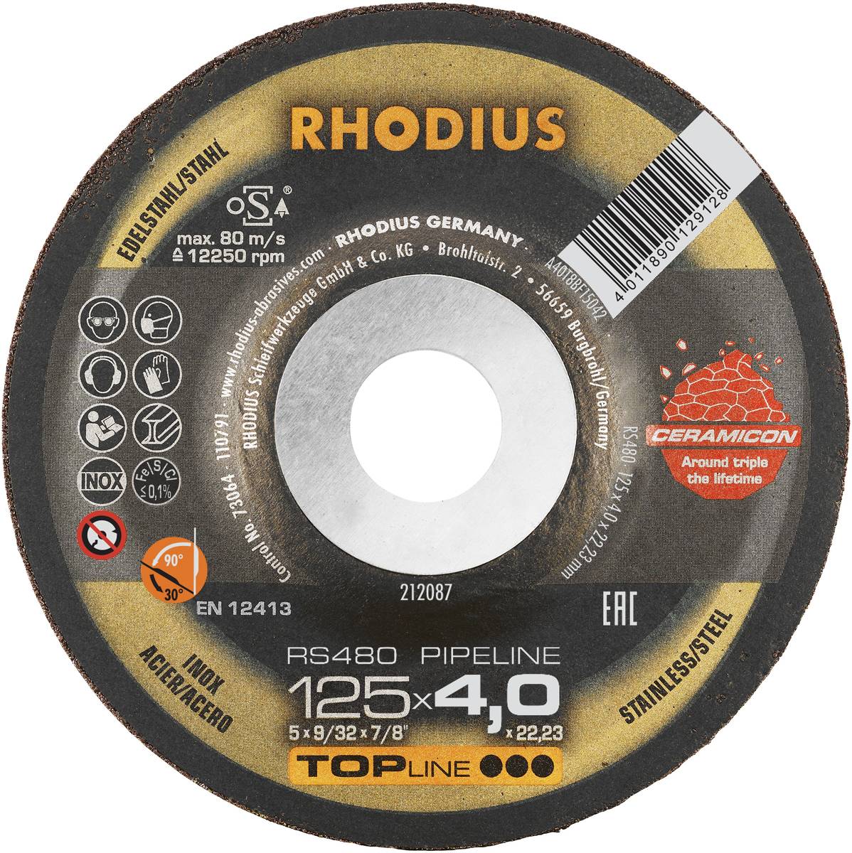 Grinding disc with the inscription 'RHODIUS'. Size 125x4.0 mm. Suitable for stainless steel. Contains safety instructions and certifications.