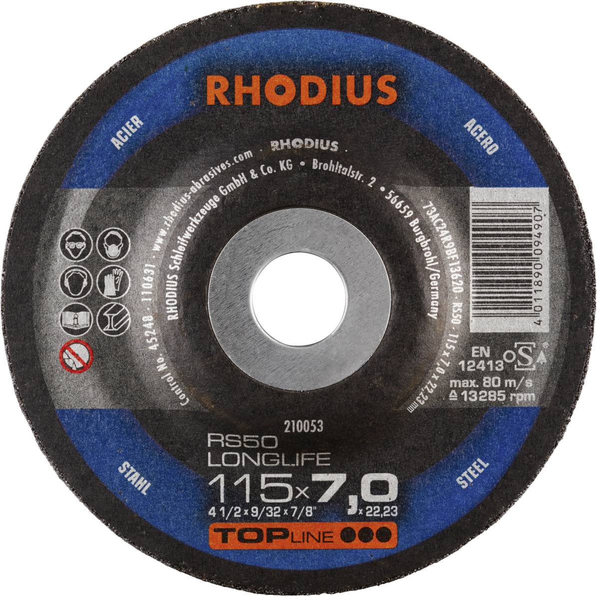 Rhodius grinding disc, diameter 115x7.0 mm, suitable for steel machining, robust construction, designed for long-lasting use.