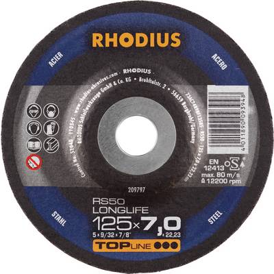 Figure of a grinding wheel with the inscription 'RHODIUS', suitable for steel processing. Diameter 125 mm, thickness 7 mm.