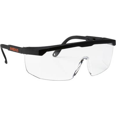 A black safety spectacle with clear lenses and 'RHODIUS' printed on the arm.