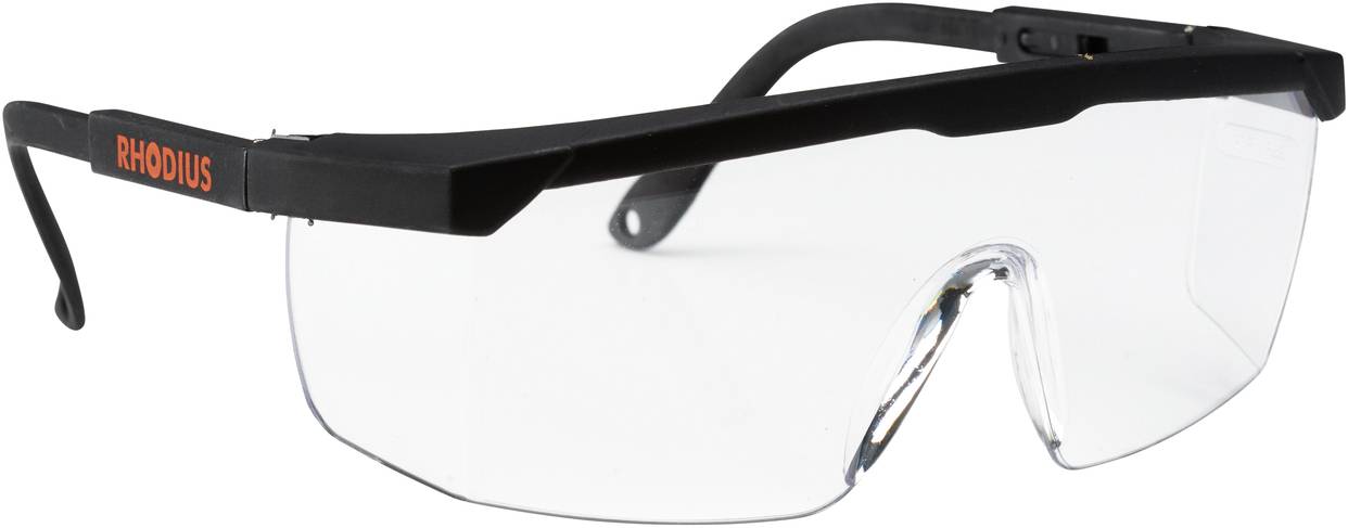 Safety glasses with clear plastic lens and black frame; suitable for eye protection during manual work activities.