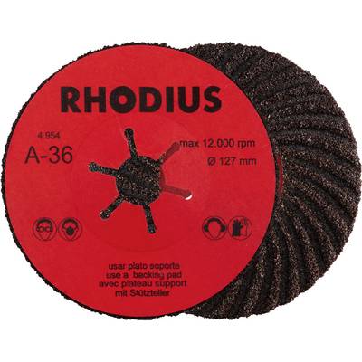 'RHODIUS' grinding disc with a maximum speed of 12,000 rpm and a diameter of 127 mm, requires support plate.