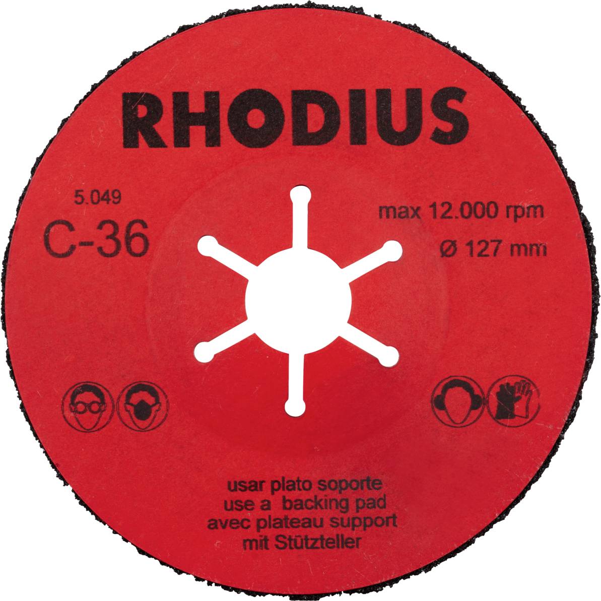 Red grinding disc with white text 'RHODIUS', Model C-36, max. 12,000 rpm, Ø 127 mm. Safety and protective instructions illustrated.