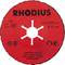 Red grinding disc with white text 'RHODIUS', Model C-36, max. 12,000 rpm, Ø 127 mm. Safety and protective instructions illustrated.