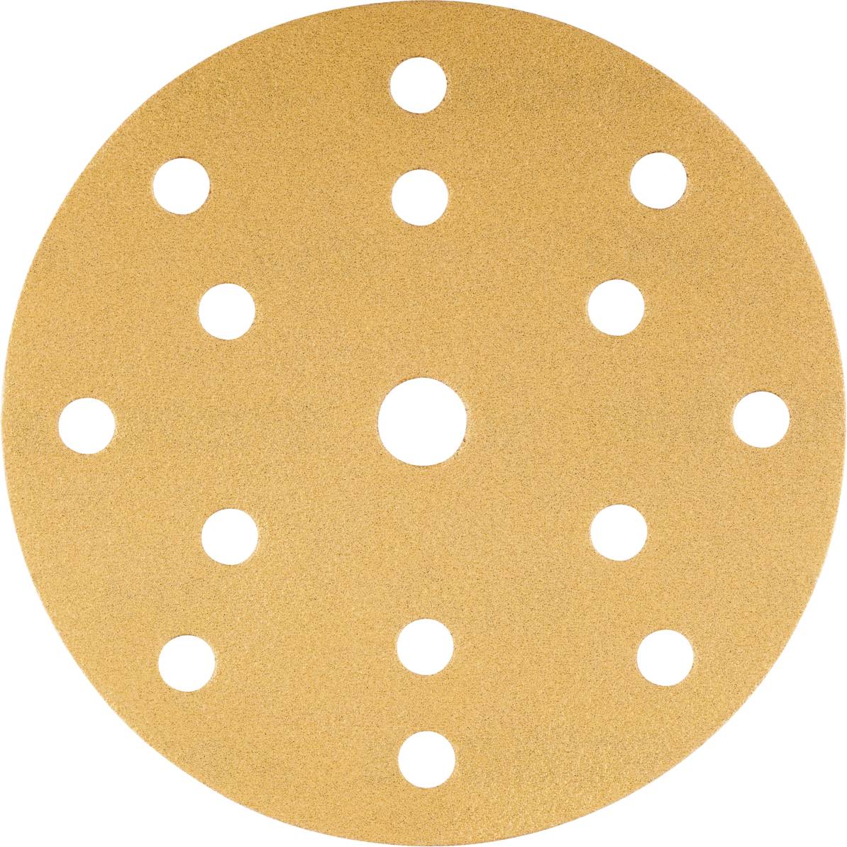 Round sanding disc with multiple holes for dust extraction, orange in colour, used for sanding work on various surfaces.