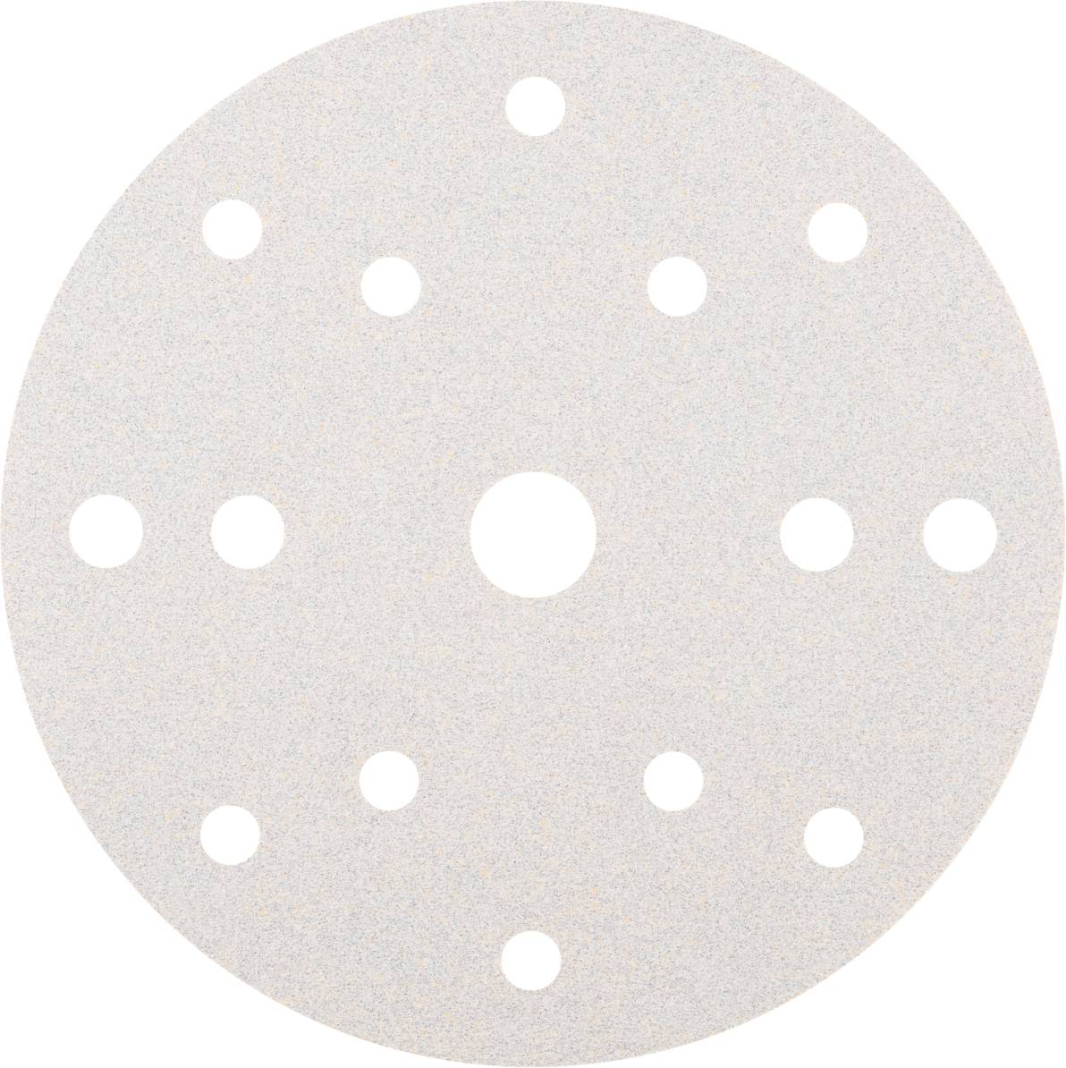 Round sanding disc with multiple holes for improved dust extraction, suitable for machine grinding processes.