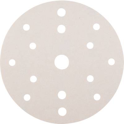 A round sanding pad with multiple symmetrically arranged holes, for machine use. Beige in colour.