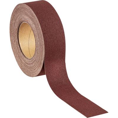 A roll of brown sandpaper tape, partially unrolled, on a white surface.