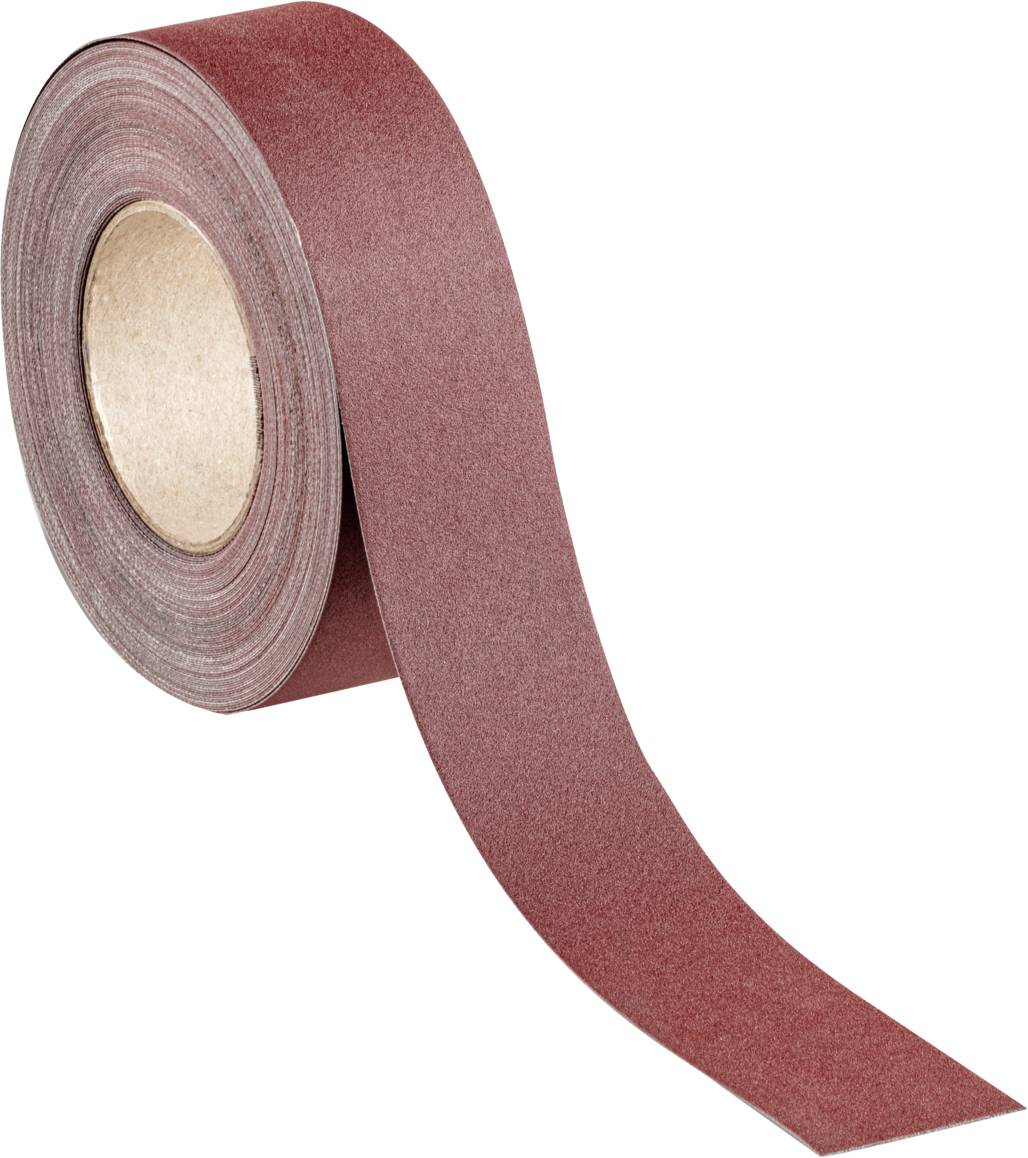 A brown sandpaper roll, wound up with a long strip that unwinds, suitable for sanding surfaces.