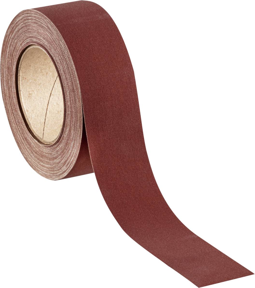 A roll of red adhesive tape, partially unrolled, on a white background.