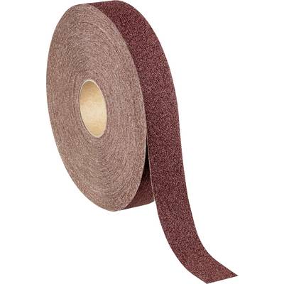 A large roll of sandpaper, partially unrolled, shows its rough, brown outer surface.