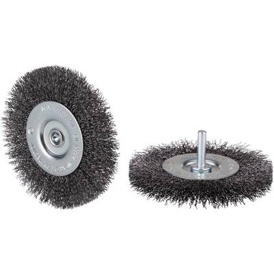 Two wire brushes with a metal base, one with a short shaft and one lying flat, for cleaning or surface treatment.
