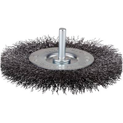 Round wire brush with metal bristles and pin shaft, used for cleaning and grinding work in metalworking.