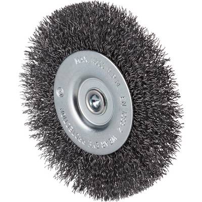 A round steel brush with densely packed wire bristles and a metal core, ideal for cleaning or abrasive work.