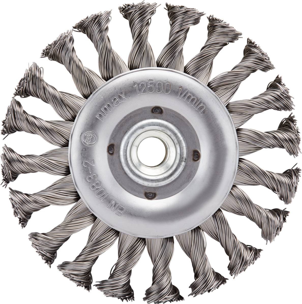 'Wire brush attachment in a circular arrangement with twisted metal wire strands, suitable for grinding and cleaning work.'