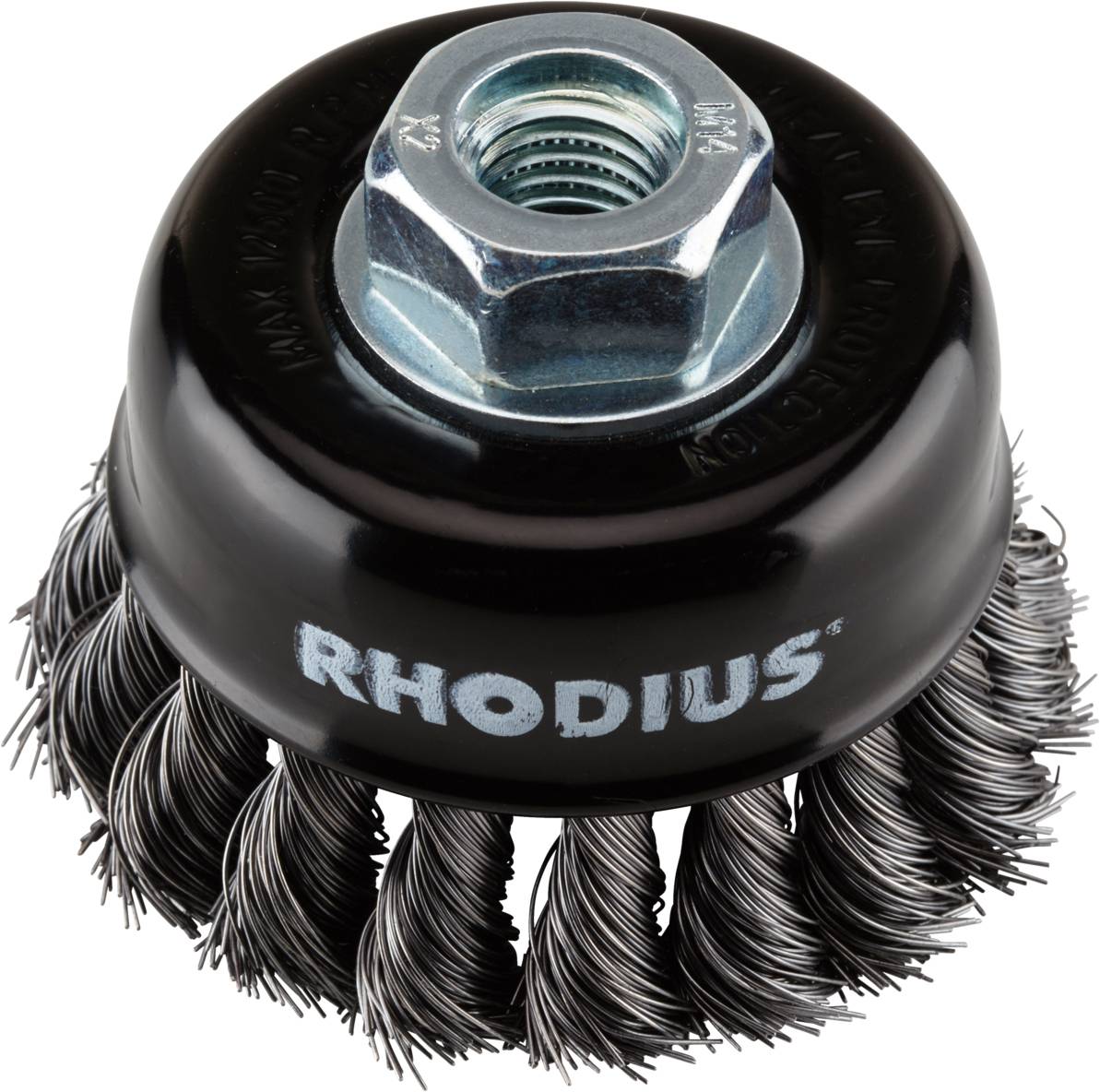 A circular wire brush with interwoven bristles and the inscription 'RHODIUS', mounted on a hexagonal screw attachment.