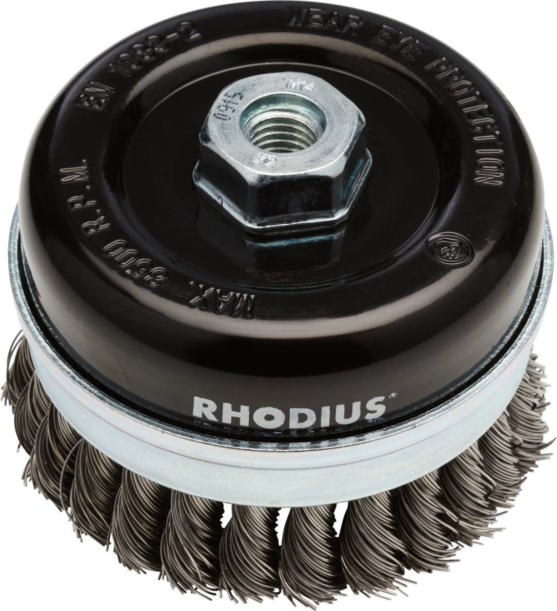 Round, metal wire brush with twisted bristles and a 'RHODIUS' label on the top surface. Suitable for grinding and cleaning surfaces.