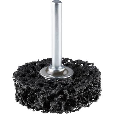 A tool attachment with a handle, consisting of a dense, black, abrasive cleaning surface, suitable for power drills.