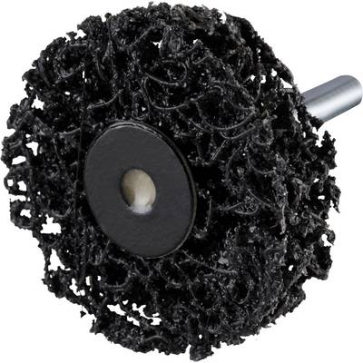 Black grinding disc with intricate structure mounted on a silver spindle, suitable for surface treatment and material removal.