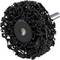 Black grinding disc with intricate structure mounted on a silver spindle, suitable for surface treatment and material removal.