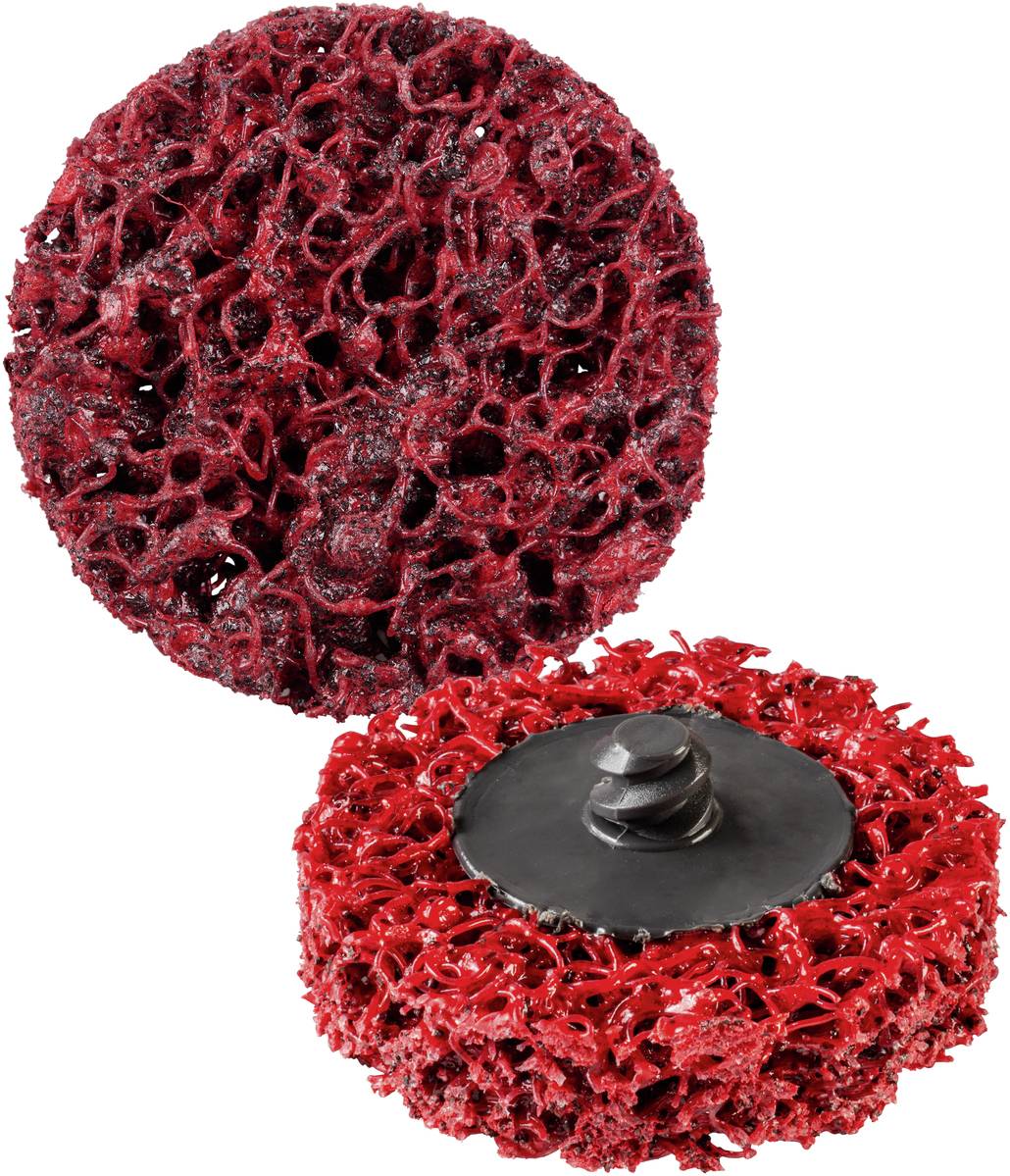 Two red grinding wheels with a coarse surface texture. One wheel is flat, the other has a central mounting device.