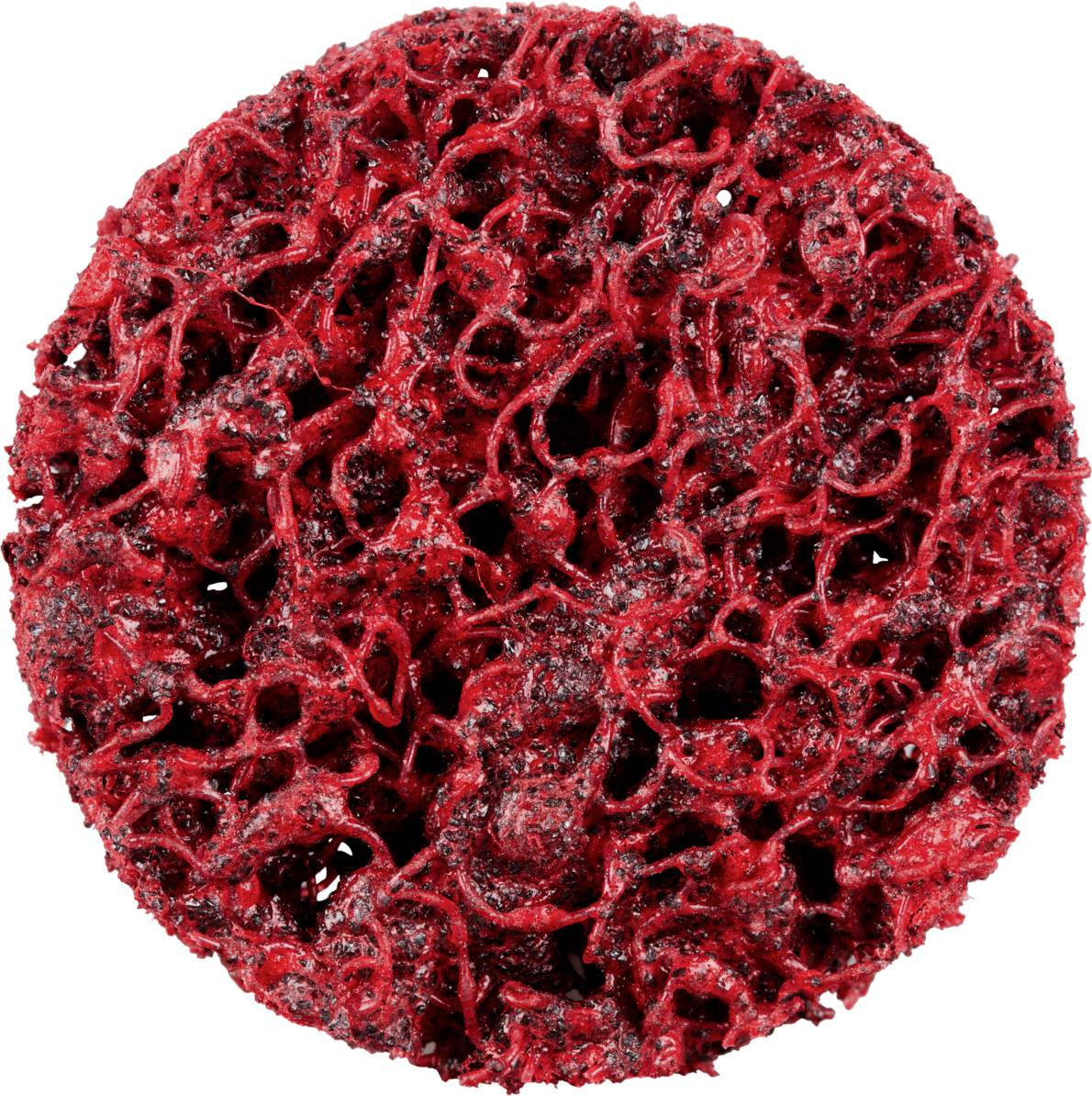Rough, oval scrubbing sponge surface with an open, mesh-like pattern, designed for cleaning purposes.