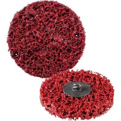 Round, red scouring pad with robust, perforated structure for cleaning or removing rust and paint from surfaces.