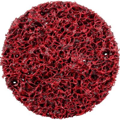 Red cleaning sponge with a coarse, mesh-like structure for robust cleaning tasks.