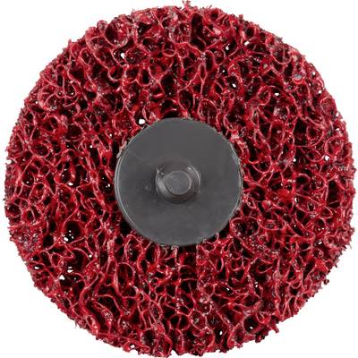 Red grinding wheel with an open, mesh-like design and black centre. Used for surface treatment and rust removal.