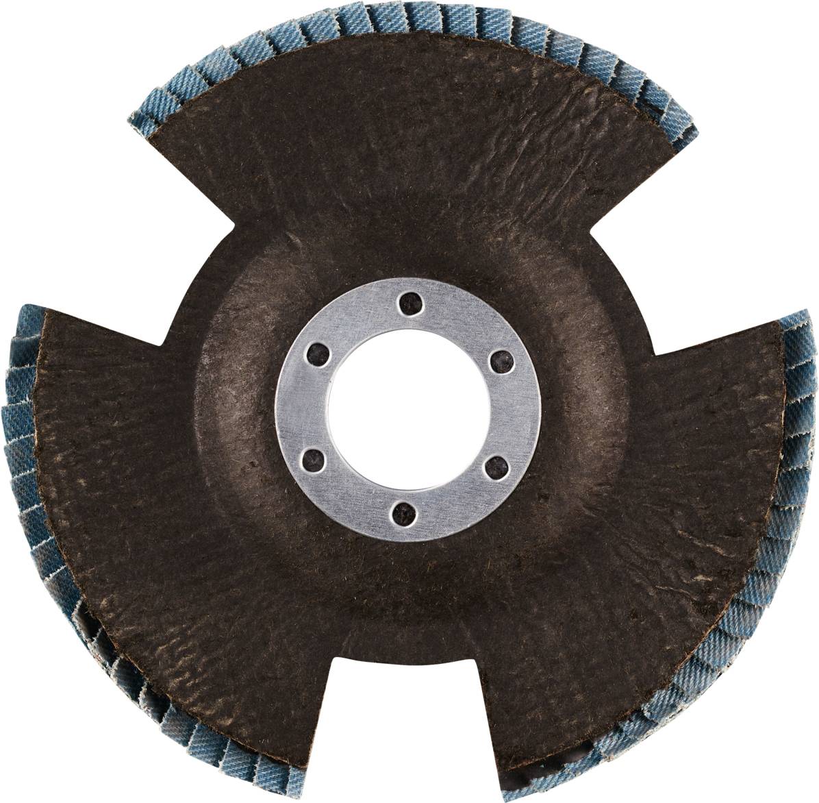 A grinding wheel attachment with four curved slots and blue-coloured edge coating, suitable for metal or wood processing.