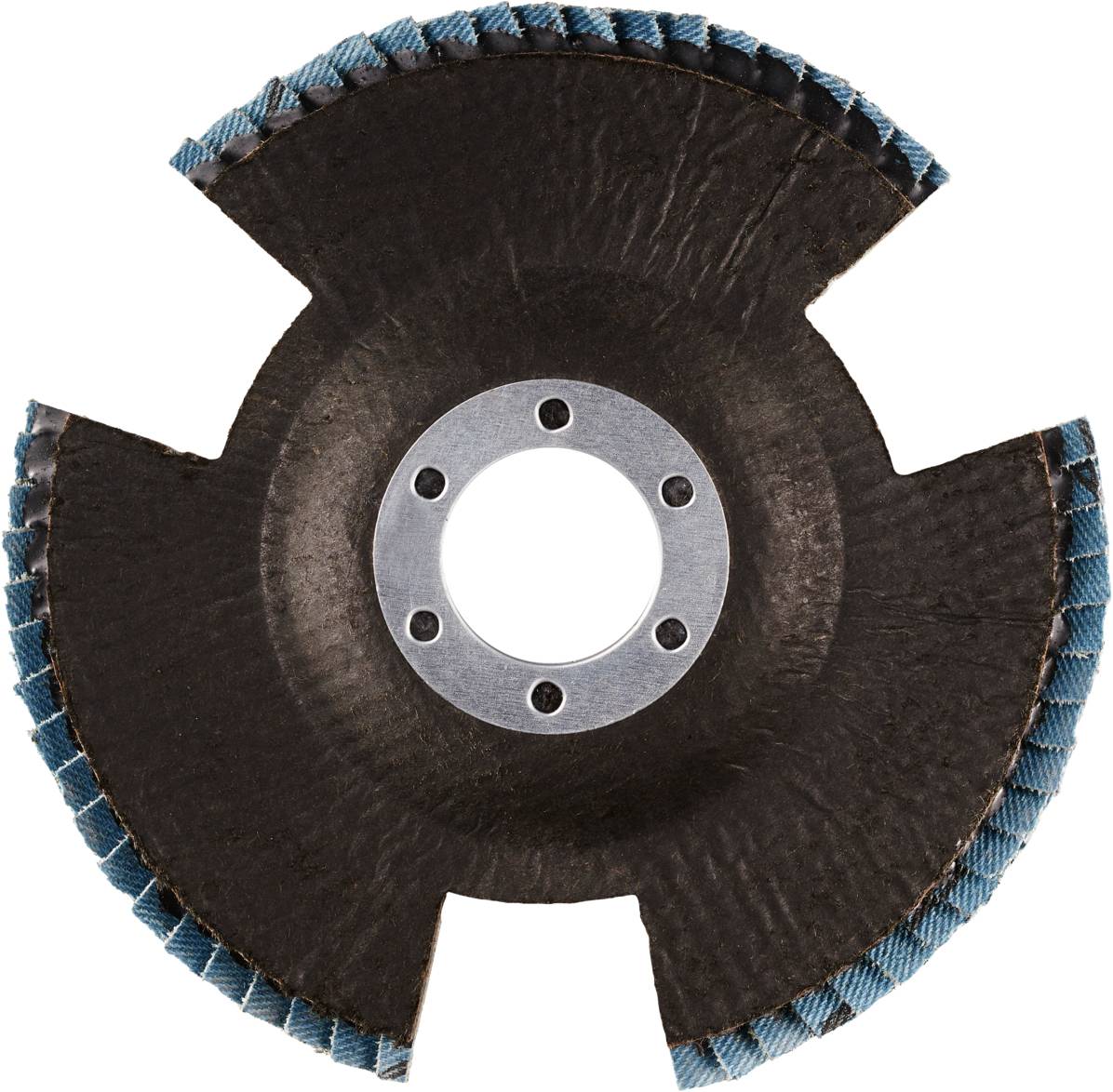 Flat round grinding disc with a circular metal centre and blue edges, used for grinding materials such as metal or wood.