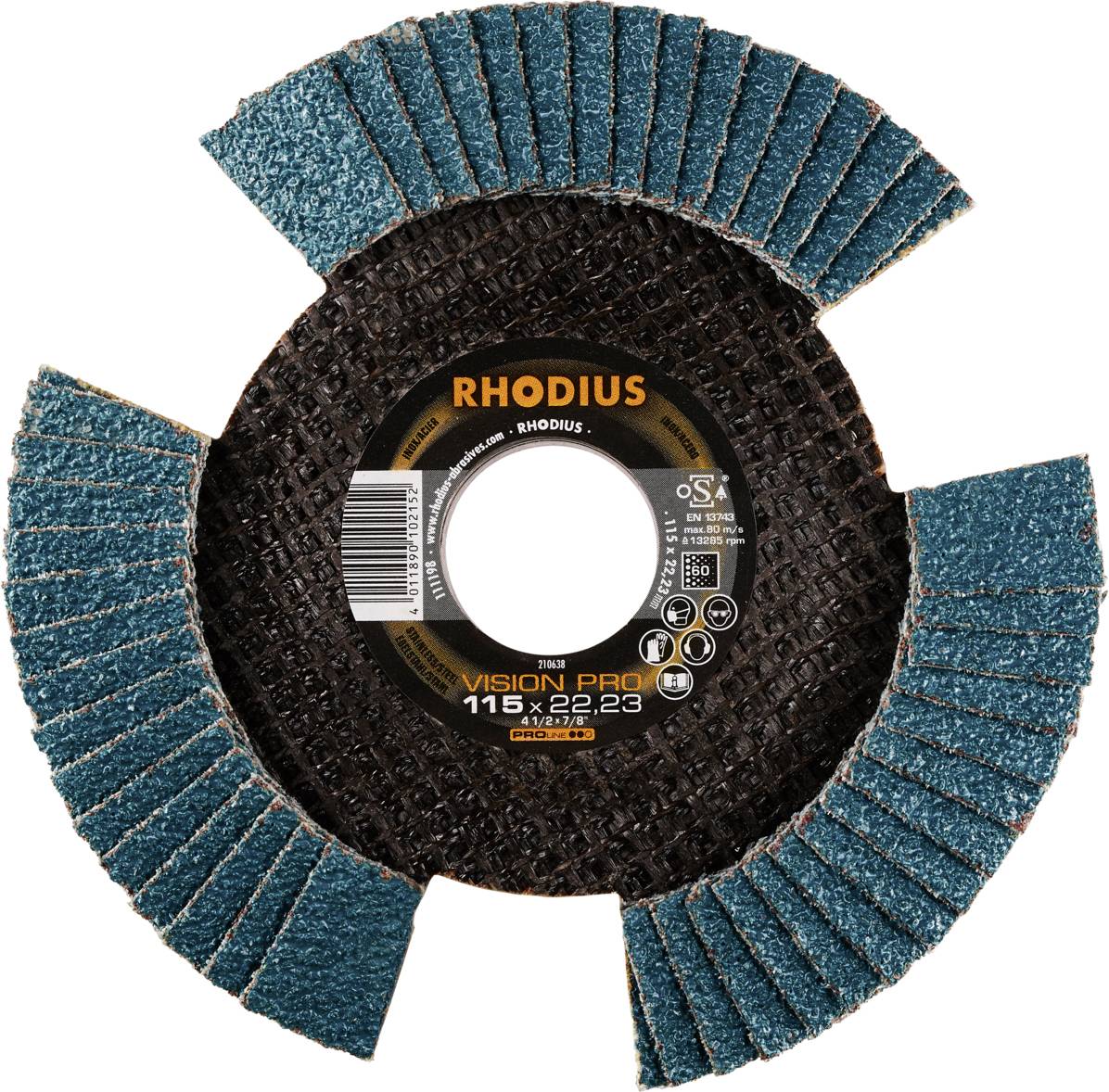 Grinding disc with blue lamellas and printed text 'RHODIUS VISION PRO 115 x 22.23' on a black centre.