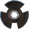 A circular cutting tool with four recesses and blue, serrated edges.