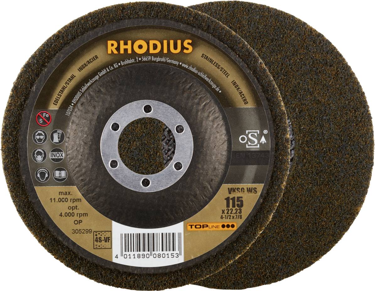 Rhodius grinding discs, model number VKS WS, for metalworking. Suitable for a maximum of 11,000 rpm, diameter 115 mm.