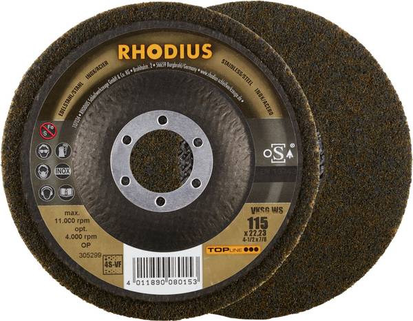 Rhodius 305299 Rhodius VKSG WS, 2 pieces of nonwoven compact disc 115 x 22.23 mm, straight, 4S-very fine, Topline, Made in Germany, for stainless steel, steel and non-ferrous metals 115 mm 2 pc(s)