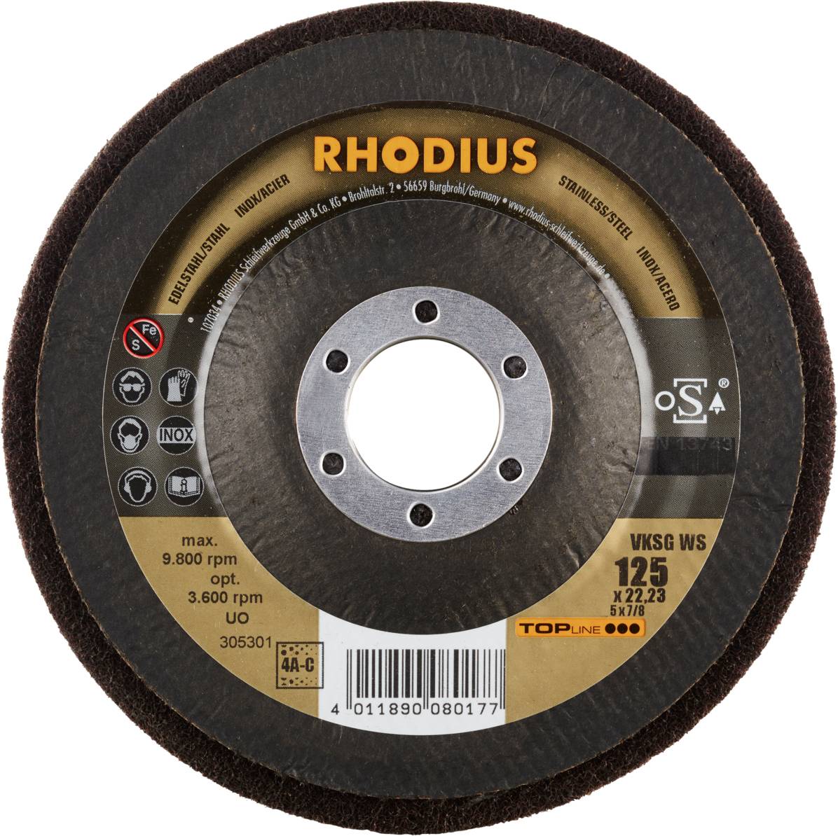 A Rhodius grinding disc, model VKSG WS, 125 x 22.23 mm, suitable for steel processing, maximum speed 9,800 rpm.